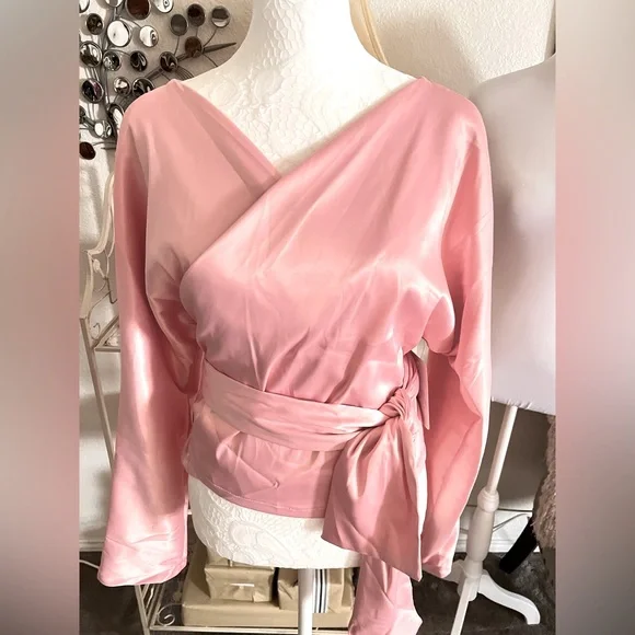Blush Pink Satin Wrap Blouse with Bow & Brooch – Elegant Off-Shoulder Top - Picture 11 of 11